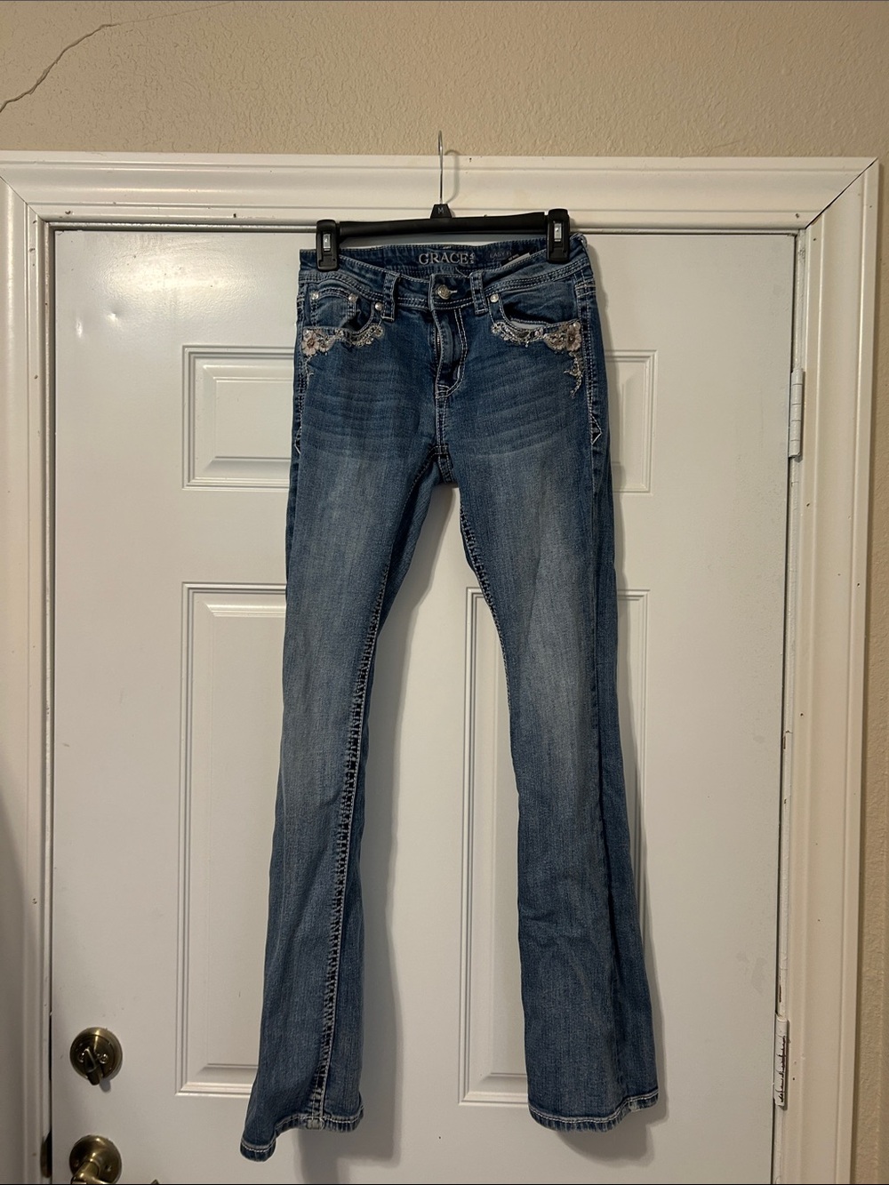Grace in LA Mid-Blue Flare Jeans with Embellished Pockets